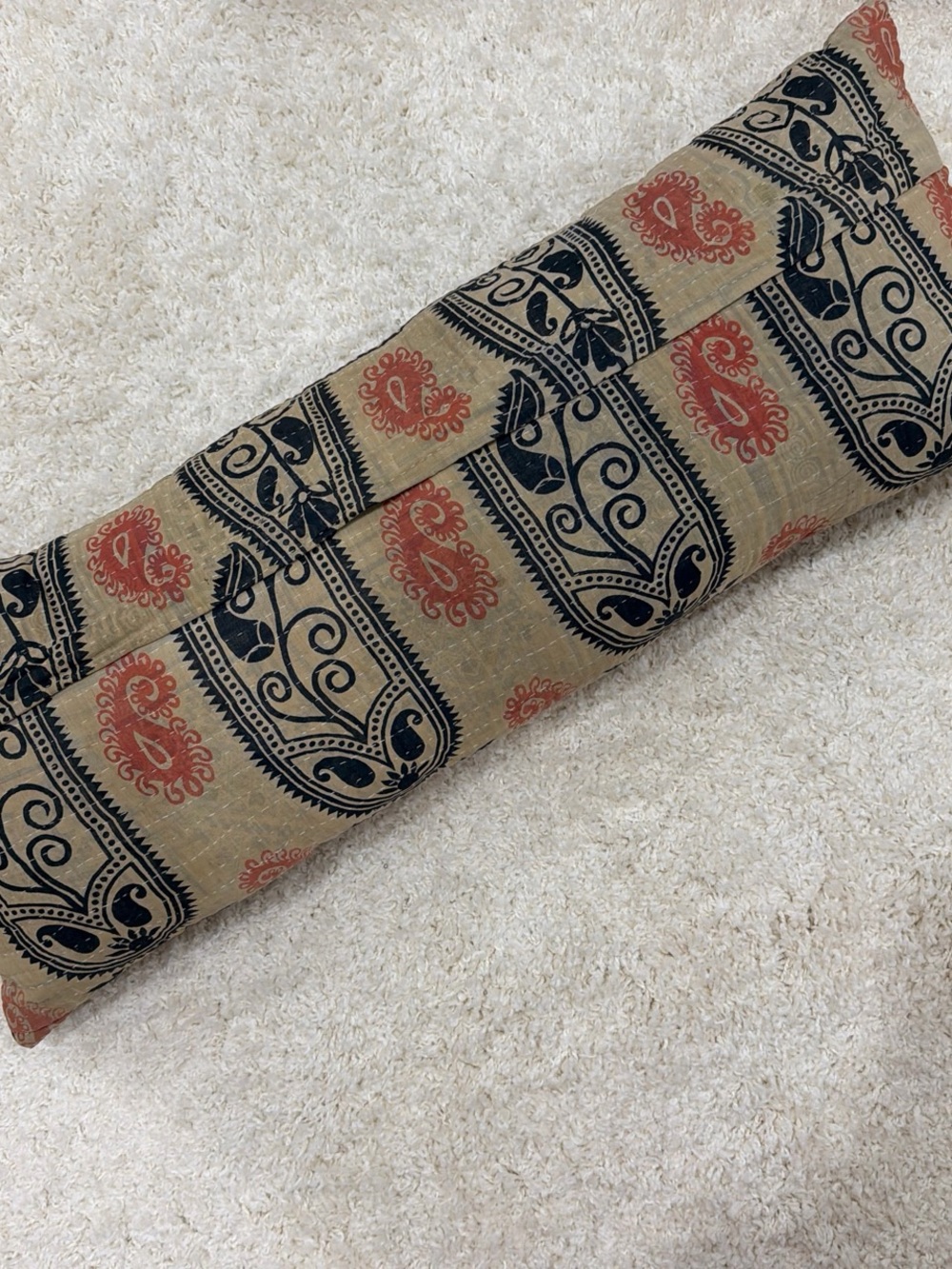 Vintage Tan Bolster Pillow with Black & Rust Motifs